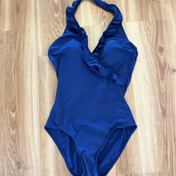 Talbots Blue Ruffle Padded Bra Halter Summer Beach One-Piece Swimsuit Sz 10 - Picture 1 of 7